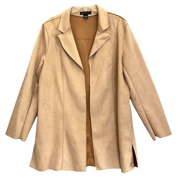 Joan Vass Suede Jacket Womens Large Beige Faux Leather Mid Length Duster Vegan - Picture 1 of 11